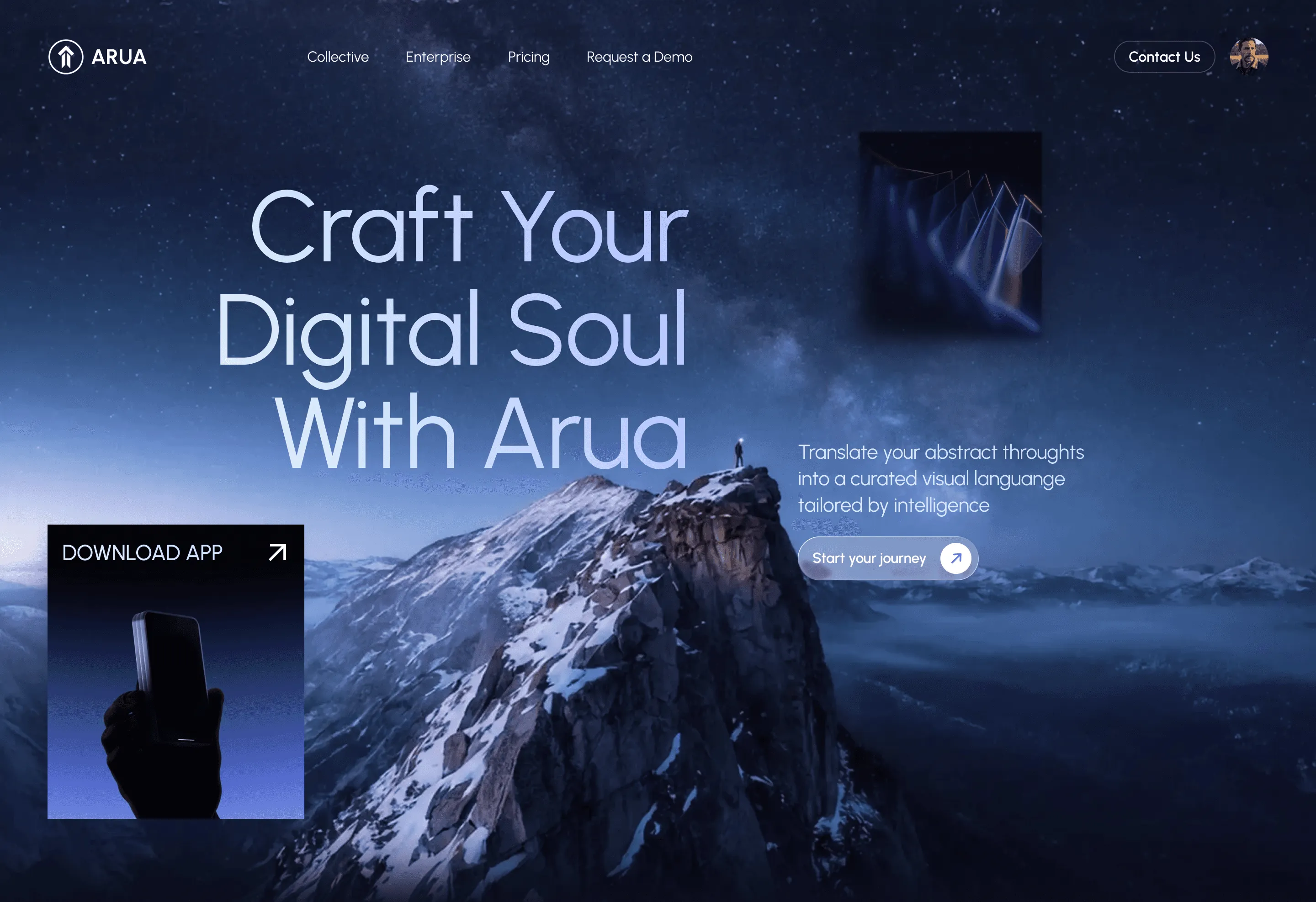 Desain website Arua — landing page aplikasi kreatif bertema langit malam